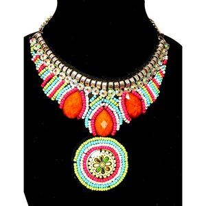 Multicolor Statement Necklace With Beaded Design & Pendant